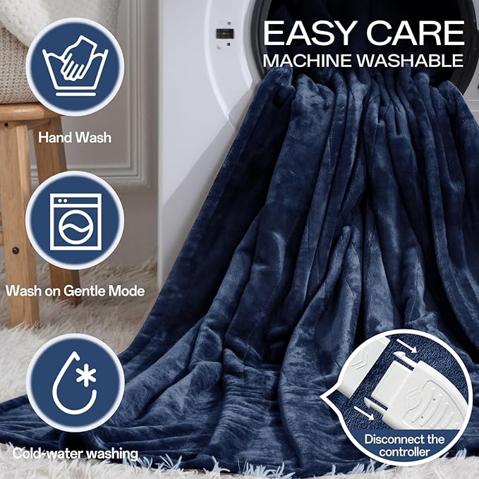 Electric Blanket Full Size 72"x84", Heated Blanket with 8 Heat Settings & 10 Hours Auto-Off, Navy Blue Double-sided Flannel Blanket, Heating Blanket for Bed, Full Body, Machine Washable, ETL Certified