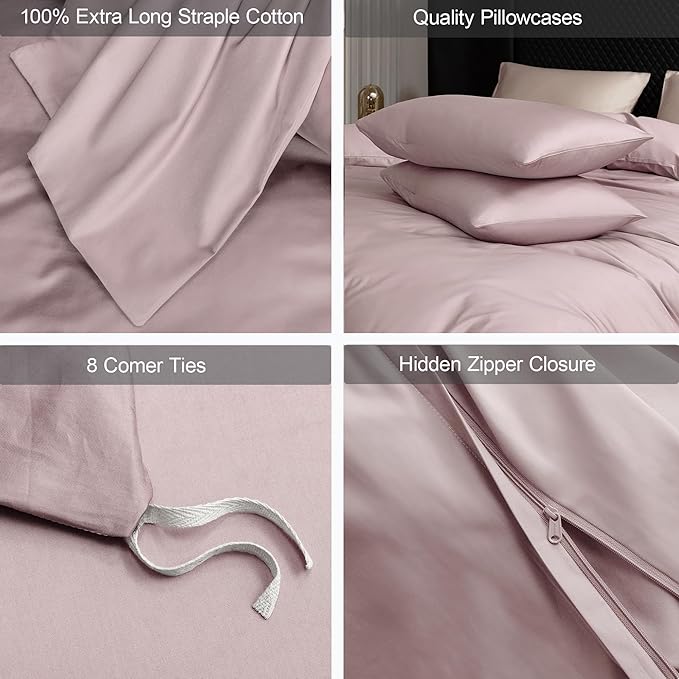 MooMee Duvet Cover Set 100% Extra Long Staple Cotton 600 Thread Count Silky Sateen Smooth Luxury Soft Breathable Durable Hotel Quality Bedding, 3 Pieces (Pale Mauve, King 104"x90")