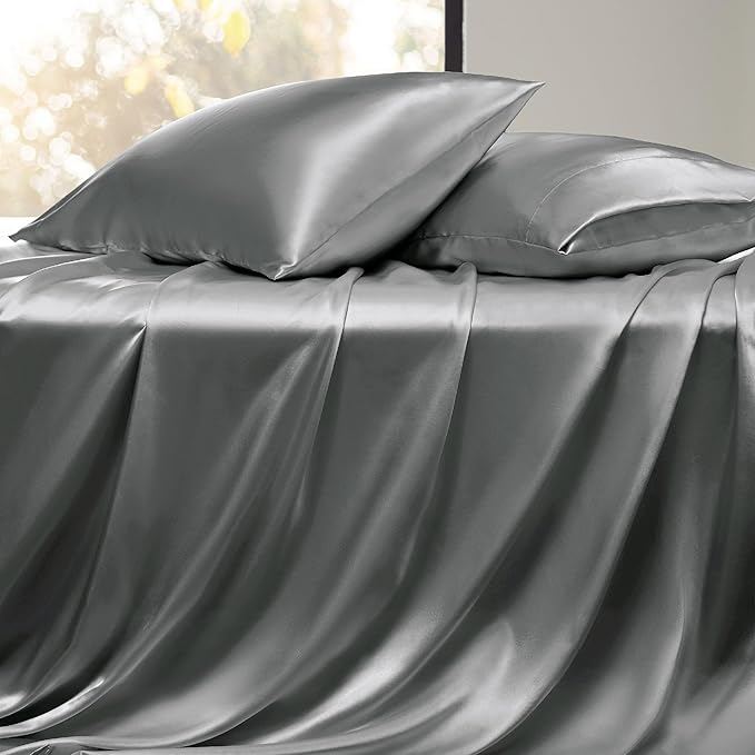 Bedsure Satin Sheets King Size - 4 Piece Silky Bedsheets with 15 Inches Deep Pocket Fitted Bedsheet,1 Flat Sheet, 2 Satin Pillowcases, Good for Hair & Skin (King, Dark Grey)