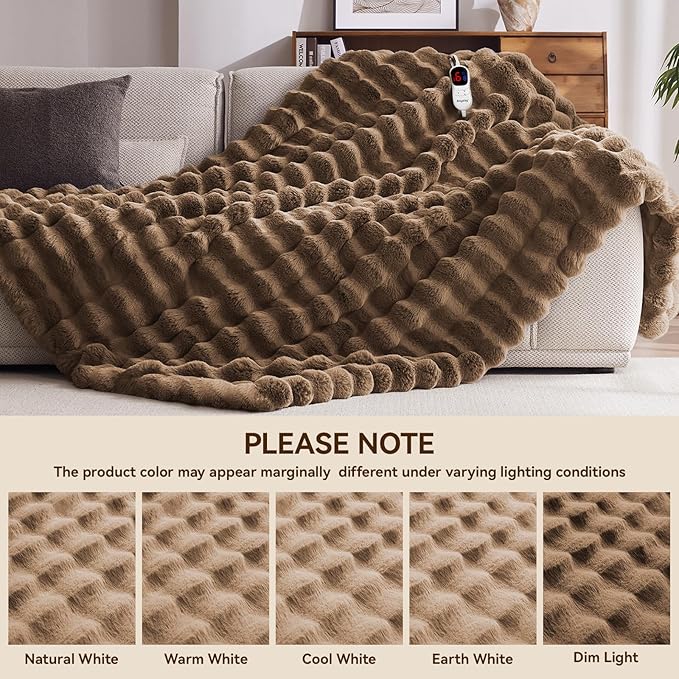 Heated Blanket Full Size with 1/2/4/6/8 Hours Auto-Off 10 Heat Level, 62'' * 84'' Cozy Faux Rabbit Fur Bubble Electric Blanket with Overheat Protection(Brown)