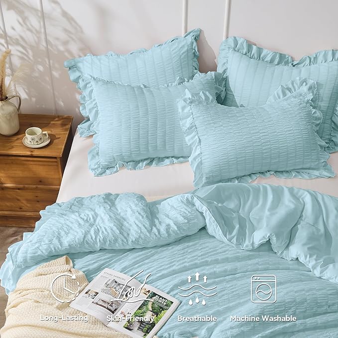 JOLLYVOGUE Light Blue Queen Comforter Set, 3 Pieces Seersucker Comforters Queen Size, Lightweight & Fluffy Bedding Sets for All Season with 1 Ruffle Comforter & 2 Ruffle Pillowshams