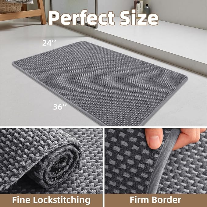 PADOOR-Bath Mat-Super Absorbent Chenille Bathroom Mats-Rubber Backed Bath Mats for Bathroom Non Slip, Easy Clean Bathroom Rugs Front of Bathtub,Shower Room,Sink-24×36, Grey&Darkgrey
