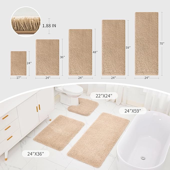 Beige Bathroom Runner Rug 24x59 Non Slip Fluffy Long Bath Mat for Bathroom Floor Washable Plush Luxury Bath Rug for Tub Absorbent Shower Sink Mat Bedside Rug