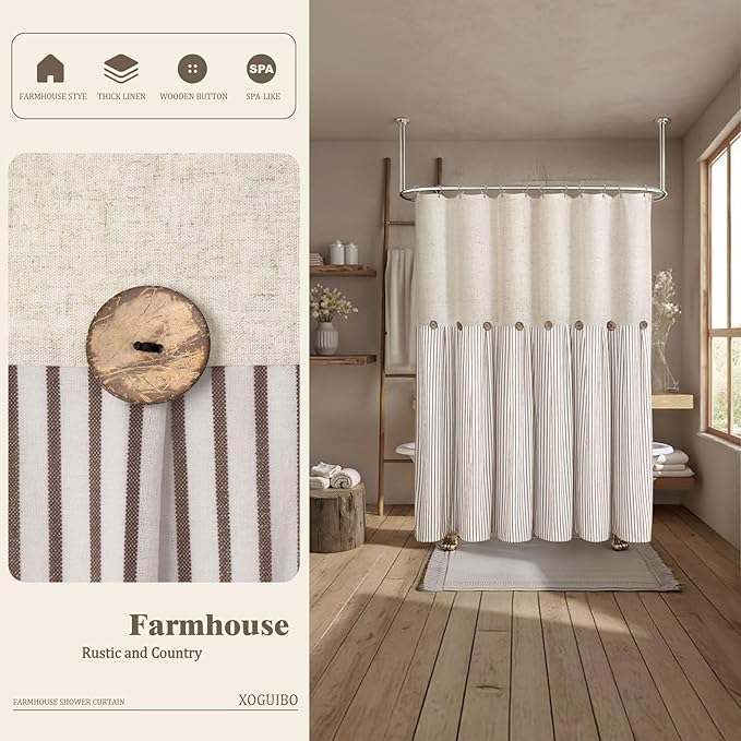 Farmhouse Shower Curtain Linen Beige Button Woven Fabric Country Rustic Western, Pleated Brown Stripe 72" W x 72" L