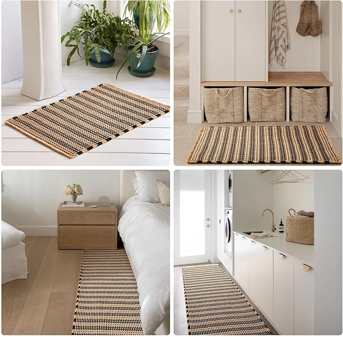 Waffle Bath Mat, Boho Bathroom Rugs Non Slip Washable Super Absorbent Quick Dry Bath Mat Farmhouse Bathroom Decor, 48"x24" Black and Khaki