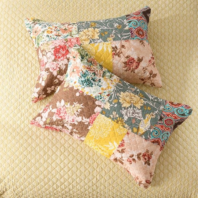 Autumn Dream Cotton Bedspread Quilt Sets Reversible Bedding Coverlet Sets, Luxury Vintage Floral Patchwork Yellow Bedspread, King Size