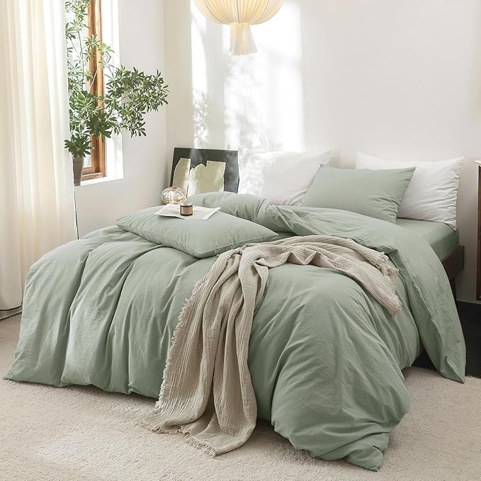 FOSSA Duvet Cover Set 100% Washed Cotton Linen Feel Super Soft Breathable Cozy Simple Style 3 Pieces Bedding Sets Solid Sage Green Oversized King Plus