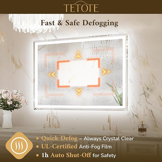 TETOTE 60 x 36 Inch Led Lighted Mirror for Bathroom Wall, Extra-Bright Beveled Bathroom Vanity Frontlit & Backlit Frameless Mirror with 3-Color Lights, Defogging, Tempered Glass, Waterproof