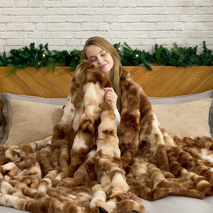 Cozy Bliss Faux Fur Throw Blanket King Size, Fuzzy Soft Plush Thick Bubble Blanket for Bed Couch Bedroom Living Room, 108x90 Inches Tie-dye Brown