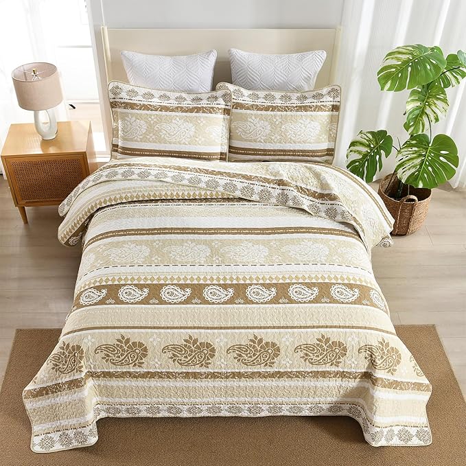 Quilt Bedding Set Queen Size, Cotton Comforters Set Queen Size, Brown Taupe Quilts Bedspread for The Bed, Farmhouse Lightweight Bedding (90 * 98 Inch) and 2 Pillow Shams All Season
