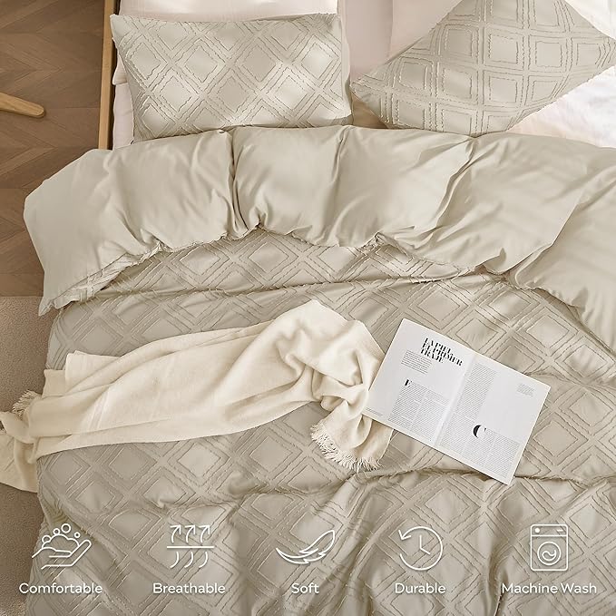 JELLYMONI Duvet Cover King Size Light Khaki - 3PCS Boho Duvet Cover Set Plaid Polyester Tufted Bohemian Jacquard Knit Textured Comforter Cover 104×90in Rhombic Geometric Pattern Zipper Corner Tie