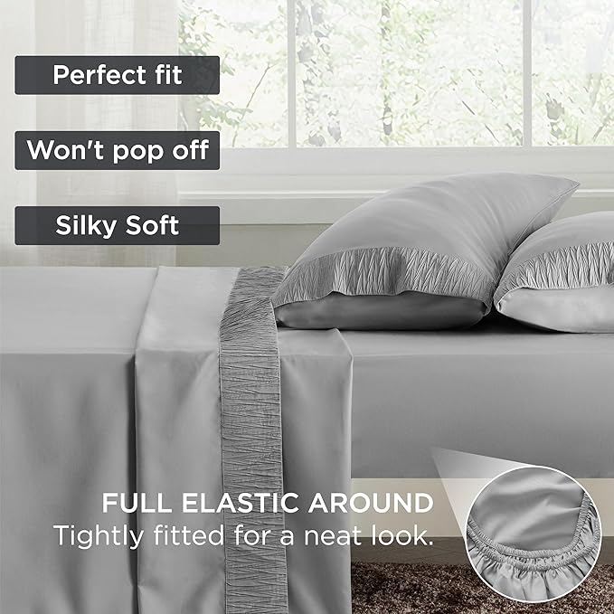 Bedsure Queen Sheet Set - 4 Pieces Soft Queen Size Sheets - Breathable & Cooling - Hotel Luxury - Easy Care Polyester Microfiber Bedding for Women, Men, Grey