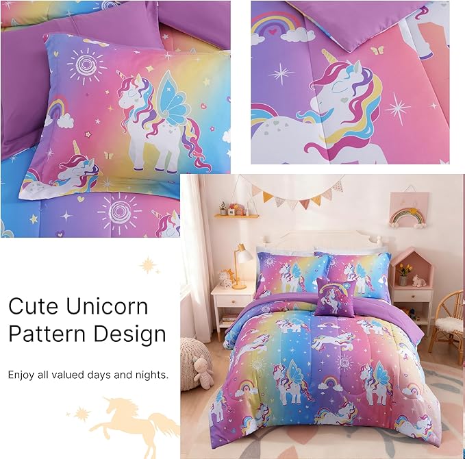 Twin Comforter Set for Girls -3 Pieces Rainbow Unicorn Twin/Twin XL Bedding Set with 1 Comforter, 1 Decor Pillow, 1 Pillow Sham