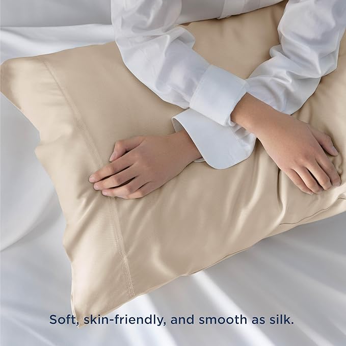 Bedsure Pillow Cases Queen, Cooling Pillow Cases, Rayon Derived from Bamboo Beige Pillowcases Queen Size Set of 2, Silky Soft & Breathable Bedding Pillow Covers with Envelope Closure, 20x30 Inches