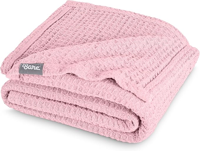 Bare Home Light Pink Waffle Blanket, 108Wx90L, 100% Cotton, Soft & Breathable for All Seasons, Lightweight Blanket, Perfect for Layering Bed, Sofa & Couch (King/Cal King, Light Pink)