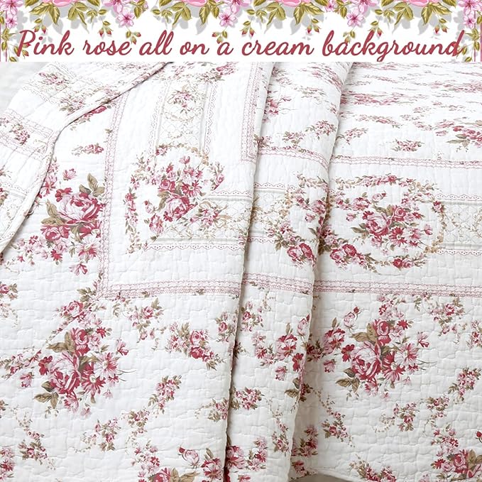 Cozy Line Home Fashions 100% Cotton Quilt Bedding Set, Pink Floral Reversible Coverlet Bedspread (Vintage Rose, King - 3 Piece)