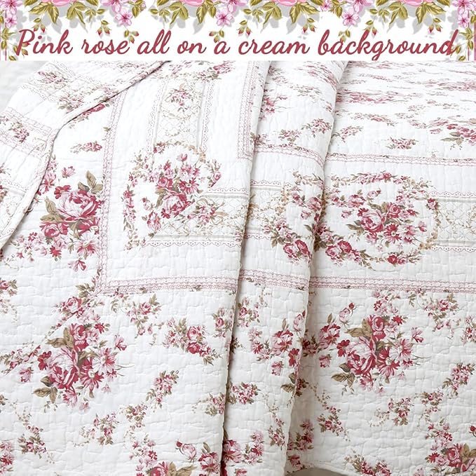 Cozy Line Home Fashions 100% Cotton Quilt Bedding Set, Pink Floral Reversible Coverlet Bedspread (Vintage Rose, Queen - 3 Piece)