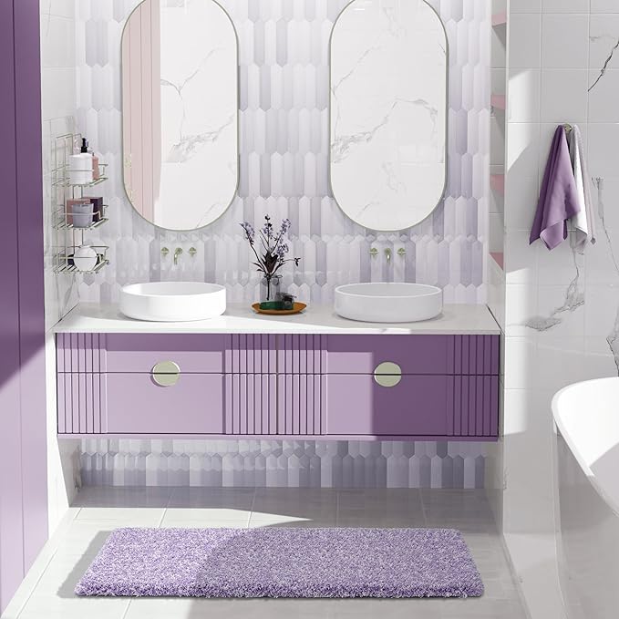 Yimobra Luxury Bathroom Rugs, Fluffy Bath Mats, Non Slip, Water Absorbent Microfiber, Machine Washable, Plush Runner Carpet Shower Rugs, Thick Matts for Bathroom Floor&Tub, 44"x 24", Purple and White