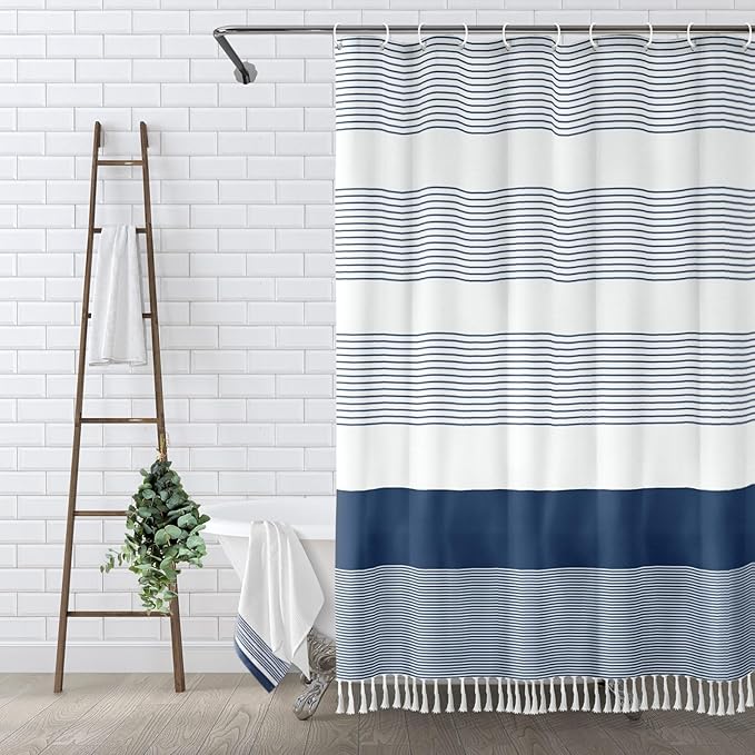Awellife Navy Blue Shower Curtain for Bathroom Stripe Tassel Shower Curtain 54 X 72 Inches Farmhouse Cotton Stall
