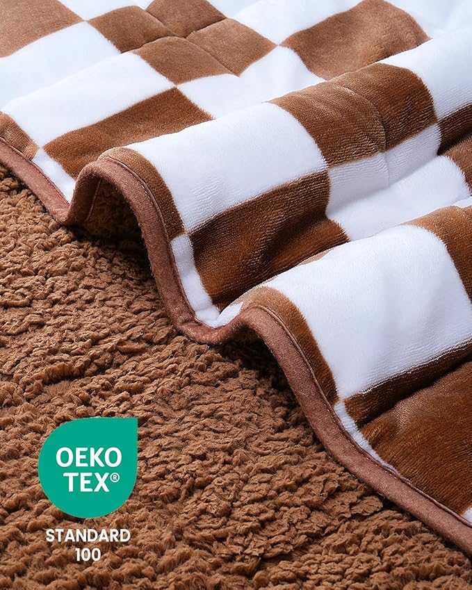 Cottonblue Checkerboard Weighted Blanket for Adults Twin Size 15 lbs 48" x 72", Fluffy Sherpa Flannel Heavy Weighted Throw Blankets for Bed Couch Sofa, Ultra Soft Cozy Bed Blanket, Plaid Khaki