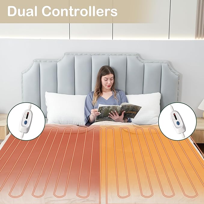 Electric Heated Blanket Queen Size 84"x90", Dual Controllers, Cozy Large Oversized, 4 Heating Levels & 10 Hours Auto Off, Cozy for Bed, Sofa, & Office, Machine Washable, White