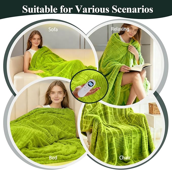 Heated Blanket Electric Throw, 50"X60" Heating Blanket Waffle with 12 Heat Levels, Fast Heating Blanket with 1-12 Timer with ETL & FCC for Bed Home Office Sofa (Trend Green)