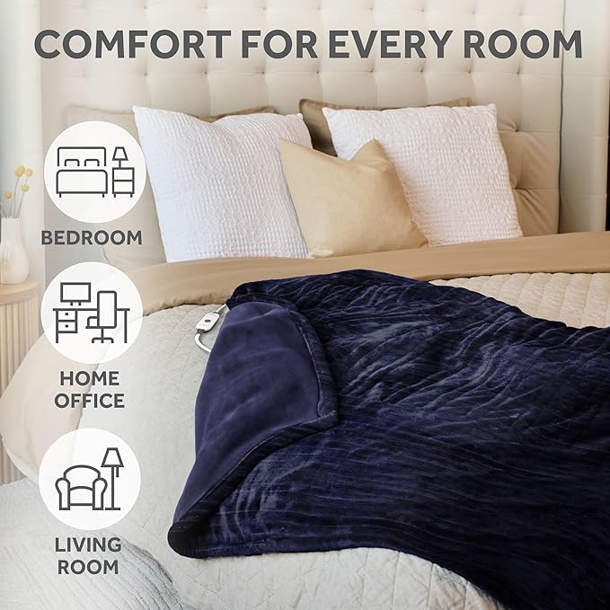 Sunbeam Royal Posh Velvet Heated Throw Electric Blanket, 50" x 60", 4 Heat Settings, 4-Hour Auto Shut-Off, Warming Throw for Couch, Fast Heating, Machine Washable, Warm and Cozy, Ribbed Admiral Blue