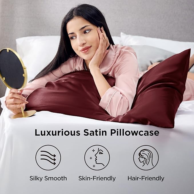 Bedsure Satin Pillowcases, Similar to Silk Pillow Cases Queen Size Set of 2, Burgundy Pillow Case with Envelope Closure, Christmas Decor Home Gifts for Women Men, 20x30 Inches, 2pcs