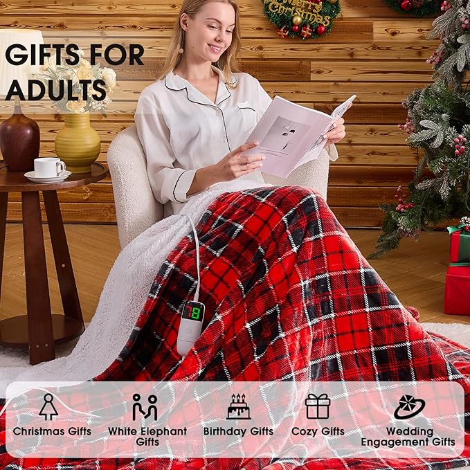 Heated Electric Blanket Twin Size,62X84 Heating Blanket,Red Plaid Soft Sherpa Blankets Warmer Gift for Grandma Women Adult,Fast Heating Washable