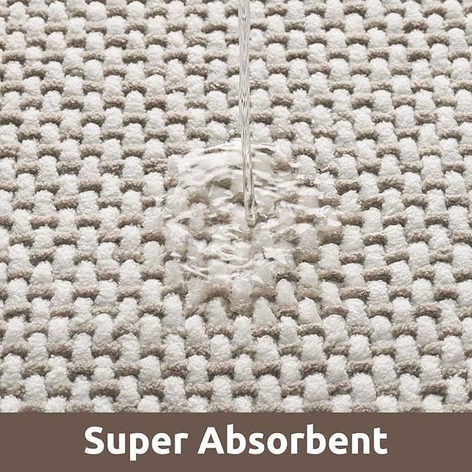 AMOAMI Chenille Bath Mat Super Absorbent Bathroom Mat Quick Dry Low Pile Bath Mats for Bathroom Washable Rubber Backed Bathroom Runners Fit Under Door, Front of Bathtub, Sink, Beige&White 17"x59"