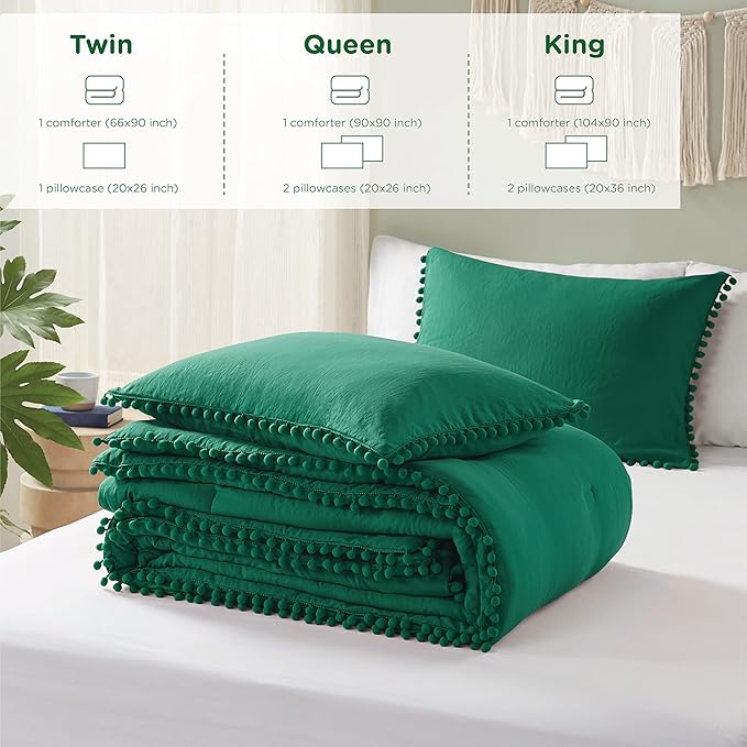 Codi Emerald Green Full/Queen Comforter Set - Boho Aesthetic Bedding with Luxurious Pom Fringe, Soft Washed Microfiber 3pc Set, Couple-Friendly Lightweight Design, 1 Comforter & 2 Pillow Shams
