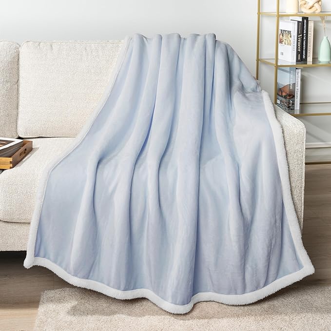 PAVILIA Sherpa Fleece Throw Blanket for Couch, Twin Size, Light Blue, Plush Soft Fuzzy Sofa Blanket, Cozy Reversible Winter Throw for Women Men, 60x80 Inches