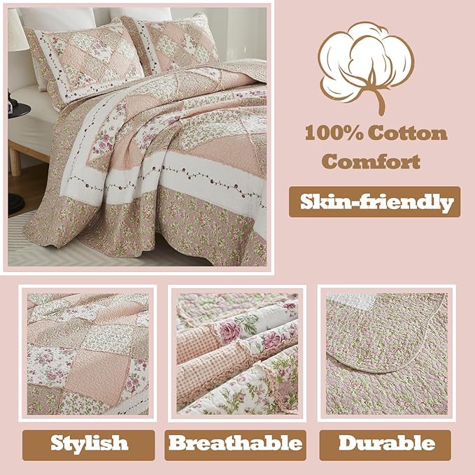 Brandream Queen Size Quilt Set Cotton Patchwork Quilts Blush Pink Country Floral Bedding Patchwork Quilted Comforter Set 3-Piece