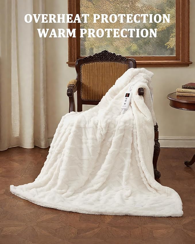 CAROMIO Heated Throw Blanket - Thick Tufted Sherpa Electric Blanket Throw with 10 Heating Levels and 10 Time Settings, ETL Certified Machine Washable Fast Heating Blanket Throw 50"×60", Off White