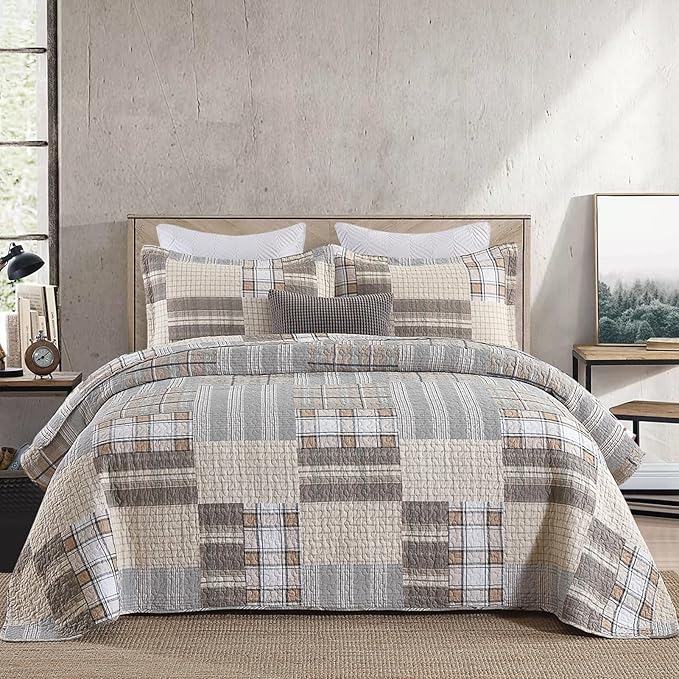KALOOLA 100% Cotton Quilts Queen Size, Farmhouse Brown Plaid Queen Quilted Bedding Set 3 Pieces, Rustic Lightweight Bedspread Coverlet with 2 Pillowshams for All Season