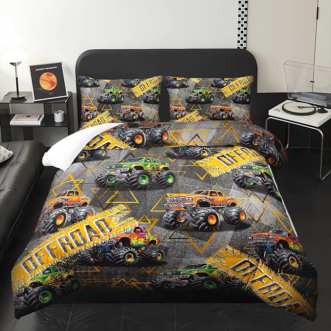 Queen Size Monster Truck Comforter Sets for Boys，Monster Truck Queen Size Bedding Sets Boys，with 1 Comforter with 2 Pillow Case，Kids Monster Truck Themed Bedroom Decor