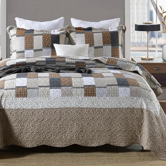 ENJOHOS 3PC Queen Quilt Sets with Shams Navy and Brown Blocks Patchwork Quilt Lightweight Reversible Bed Coverlet All Season Bedspread for Queen Bed Patch Plaid Daybed Bedding (Multi Patch)