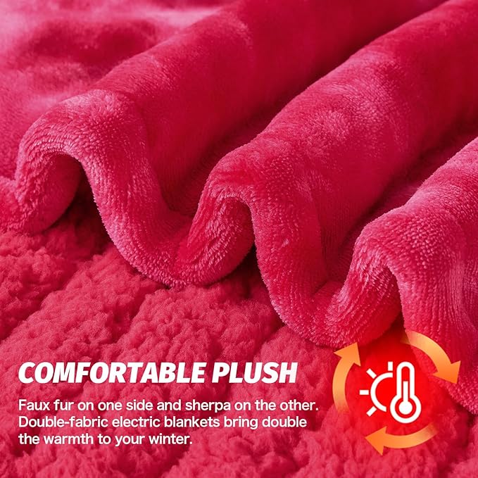 greenoak Heated Electric Blanket Throw, Faux Fur Sherpa Heating Blanket for Sofa Bed, Warm Winter Gifts for Mom/Grandma, Heater Lap Blankets 5-Position Timer &10 Heating Levels 62''*84" Red