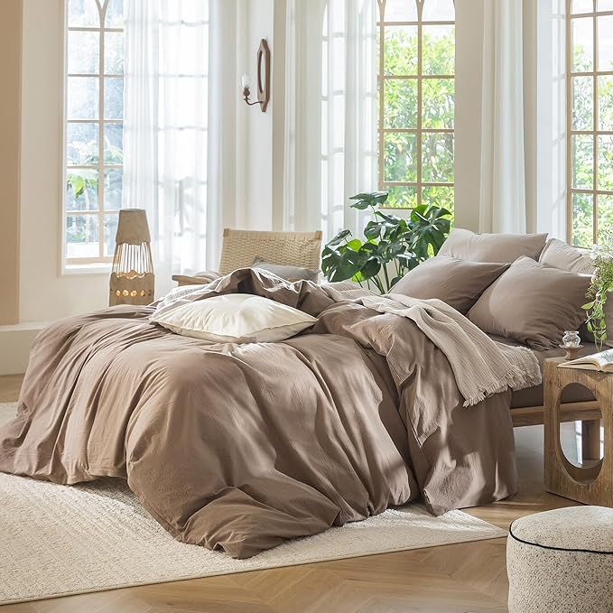MooMee Bedding Duvet Cover Set 100% Washed Cotton Linen Like Textured Breathable Durable Soft Comfy (Solid Brown, Twin 68"x90")
