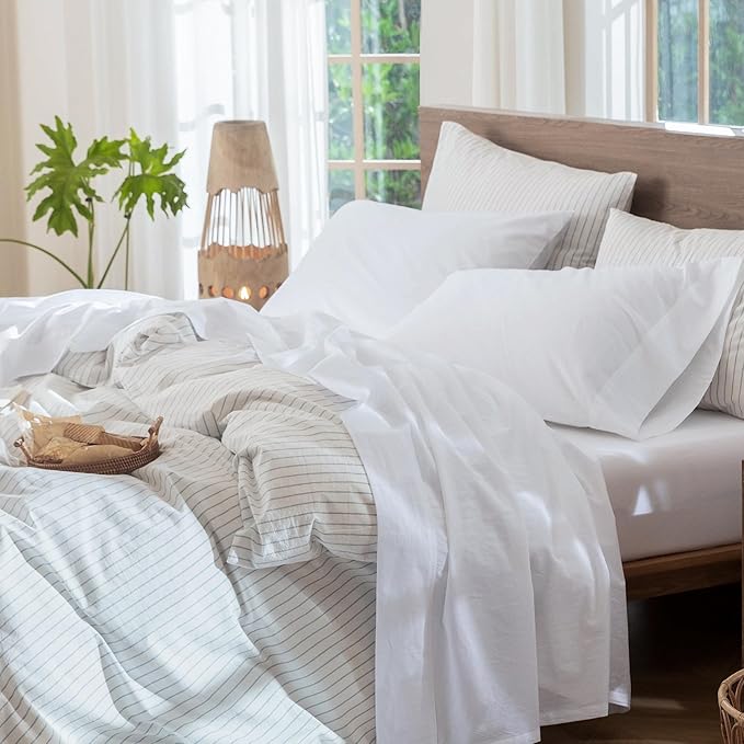 MooMee Bedding Sheet Set 100% Washed Cotton Linen Like Textured Breathable Durable Soft Comfy (Solid Bright White, California King)