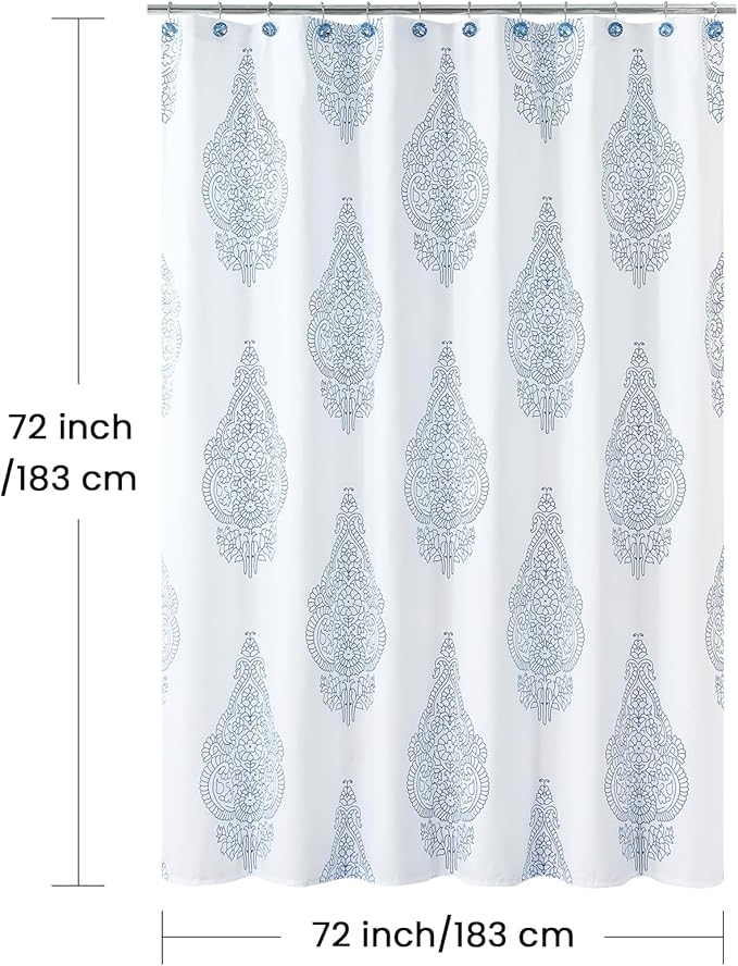 Fabric Shower Curtain, White and Blue Paisley Damask Medallion Print Shower Curtains for Bathroom, 72" W x 72" H