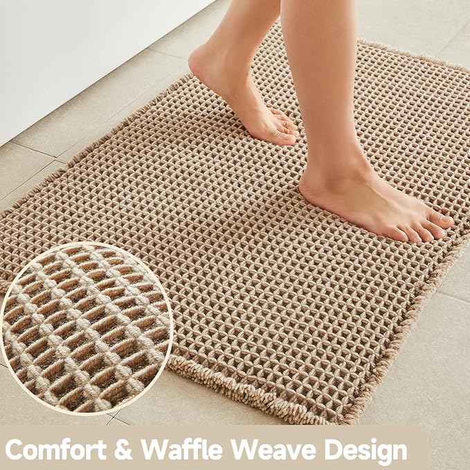 Waffle Bath Mat, Boho Bathroom Rugs Non Slip Washable Super Absorbent Quick Dry Bath Mat Farmhouse Bathroom Decor, 30"x20" Beige