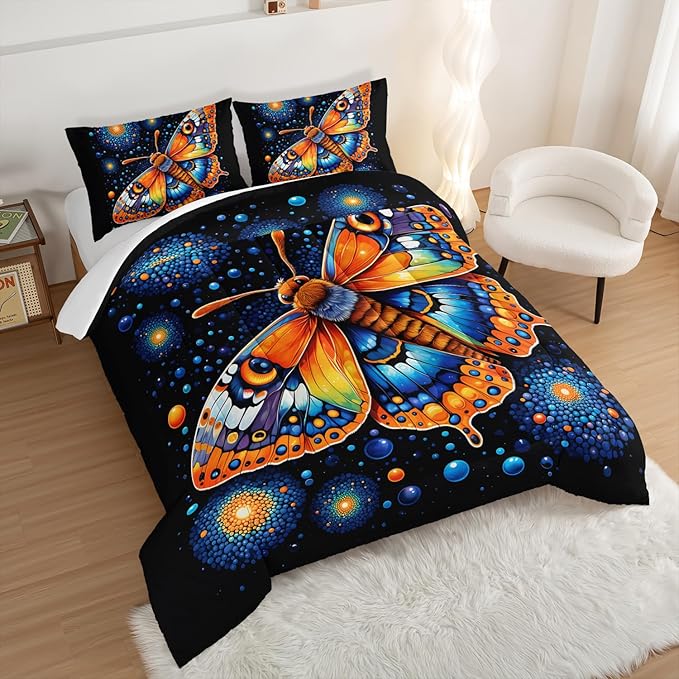 Gothic Butterfly Bedding Set King Size,Colorful Granular Ball Printed Bedding Comforter Sets,Insect Themed Comforter Set for Kids Girls Boys,Aesthetic Bedding Sets with 2 Pillowcases.