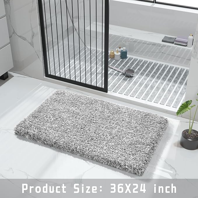 Yimobra Bathroom Rugs Non Slip Washable 36x24, Ultra Soft and Water Absorbent Bath Mats, Plush Fluffy Shower Mat Outside, Luxury Microfiber Thick Matts for Bathroom Floor/Tub, Light Gray and White