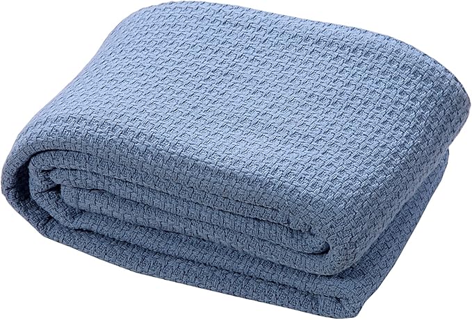 HILLFAIR 100% Combed Cotton Blanket– Twin Bed Blanket– Soft Cozy Warm Multipurpose Throws for Luxury Home Decor– 66 x 90 inch Twin XL Size Cotton Blankets for Beds- Bed Blankets for All Season- Blue