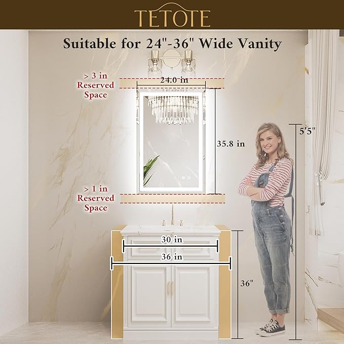 TETOTE Led Lighted Bathroom Mirror with Beveled Edge, 24 x 36 Inch Frontlit & Backlit Bathroom Vanity Anti-Fog Mirror with Extra-Bright Lights, 3-Color Dimmable, Tempered Glass, Waterproof