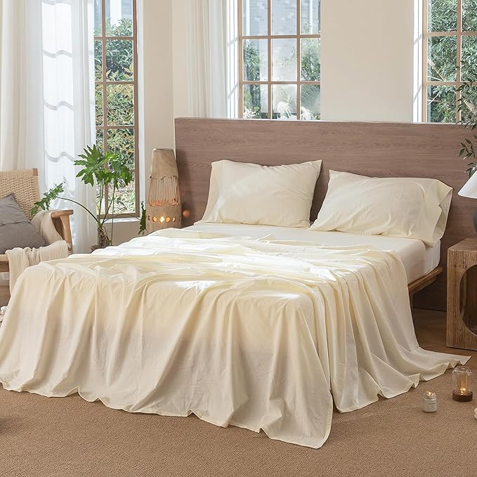 MooMee Bedding Sheet Set 100% Washed Cotton Linen Like Textured Breathable Durable Soft Comfy (Solid Cream White, Split King)