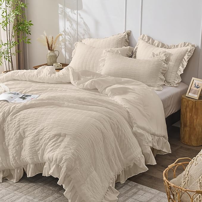 JOLLYVOGUE Beige Twin Size Comforter Set, 2 Pieces Seersucker Lightweight Fluffy Bedding Set, Twin Ruffle Comforter, All Season Soft Microfiber Shabby Chic Bed Set