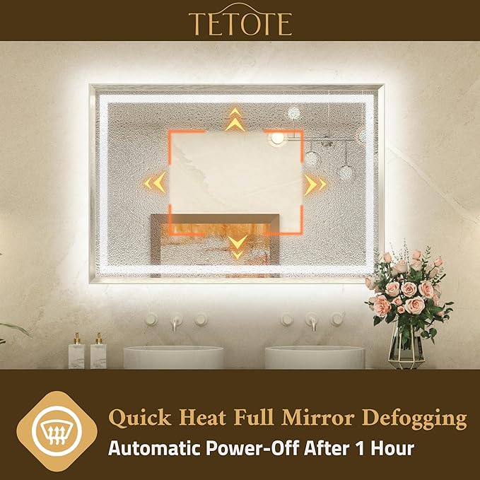 TETOTE 40 x 24 Led Mirror Brushed Bright Nickel Metal Frame Frontlit & Backlit Vanity Mirror Anti-Fog Stepless Dimmable 3 Colors White/Warm/Natural Wall Mirror with Lights Wall-Mounted