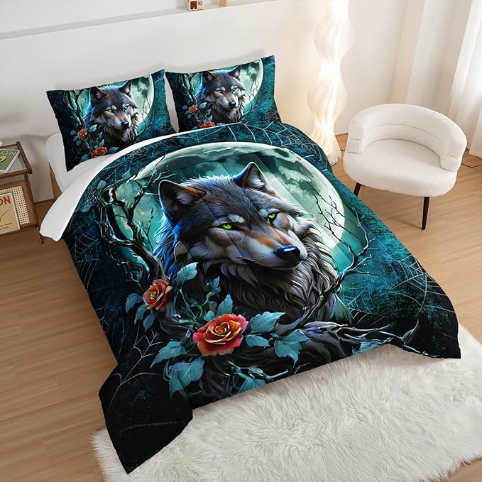 Wildlife Themed Bedding Wolf Comforter Set,Spooky Spider Web Vine Print Comforter Full Kids Bed in a Bag,Moonlight Aesthetic Bedding Sets for Boys Teens Room Decor with 2 Pillowcases.